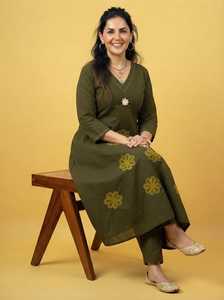 Ensemble Kurti et pantalon pour femme Twin Feet, vert, en coton premium, style traditionnel, coupe trapèze, longueur genou, séchage rapide, printemps, été, automne, mariage - Product Image 3