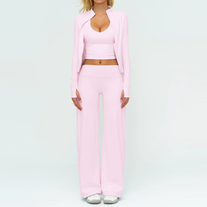 Ensemble de yoga 3 pièces pour femme, noir, avec crop top à col en V, pantalon taille mi-haute à jambes larges froncé aux fesses, longueur intégrale, respirant et extensible, pour le fitness - Product Image 2