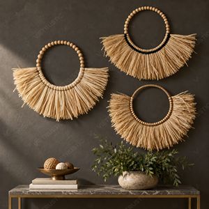 Decoración de Pared Boho con Cuentas Redondas y Hojas de Palma, Adorno Colgante con Flecos en Forma de Luna Creciente, Tapiz de Rafia, Decoración de Interiores para el Hogar - Product Image 6
