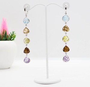 5-Tier Spiral Fancy Cut Multi-Gemstone Spiral Waterfall Hand-Carved <b>Dangle</b> <b>Earrings</b> in 925 <b>Silver</b> - Product Image 1