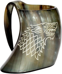Vikings Valhalla Game of Thrones Stark House Drinking Horn Mug Wolf Carved Tankard for Beer Wine Mead Ale Stein with Handle - Product Image 1
