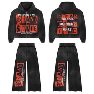 Survêtement unisexe Hip Hop délavé à l'acide, poids lourd |   Sweat à capuche noir avec cordon de serrage et pantalon évasé |   Streetwear haut de gamme OEM - Product Image 1