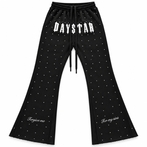 <b>Men's</b> Rhinestone Flare Sweatpants Raw Hem Wide Leg Streetwear Pants Custom OEM ODM - Product Image 1