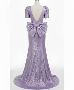 Robe longue moulante tendance pour femme avec sequins, col en V, manches bouffantes et nœud - Product Image 6