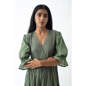 High Quality Olive Green A-Line Maxi <b>Dress</b> V-Neck Three Quarter Sleeve <b>Ruffles</b> Rayon Chiffon Breathable Summer Style Women - Product Image 5