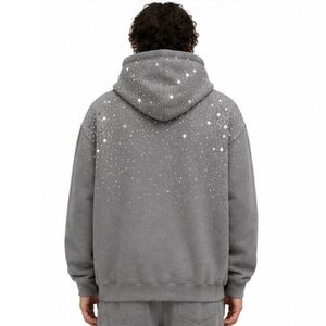 Sweat à capuche gris oversize en molleton pour homme, motif étoile en strass, en coton épais, style streetwear, décontracté, hiver, OEM - Product Image 2