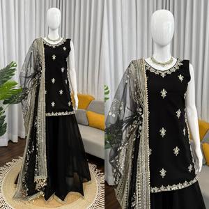 Traje de Fiesta TOP PLAZZO Moderno con Dupatta de Faux Georgette y Bordado de Hilo y Lentejuelas - Product Image 4