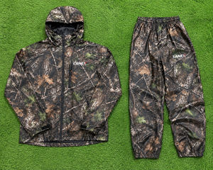 Real Tree Sublimation Design <b>Men's</b> Hooded Rain <b>Jacket</b> and Pants Set Windproof Outdoor Hunting Fishing Gear Regular Fit Polyester - Product Image 6