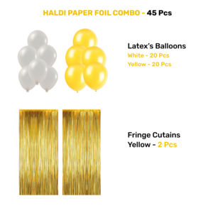 Kit Combinado Amarillo Metalizado para la Ceremonia Haldi |   45 globos amarillos y blancos y cortinas de papel de aluminio |   Bandera de Papel Metalizado Haldi - Product Image 3