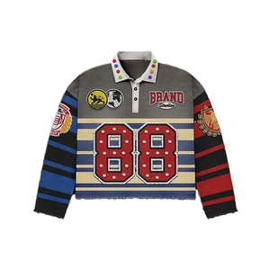 2026 Vintage cálido algodón pesado lavado ácido Polo camisa pantalones cortos de mezclilla ajuste Regular bordado solapa botón Rugby pantalones cortos traje - Product Image 4