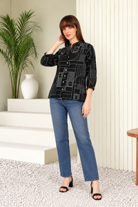Camisa negra con botones y estampado geométrico para mujer, blusa con cuello y manga tres cuartos - Product Image 5