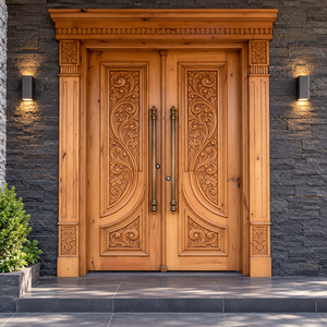 Puerta de Entrada Abatible de Madera Sólida GA-48S con Diseño Curvo y Exterior Moldeado Estilo Craftsman para Casas, Villas y Apartamentos - Product Image 1