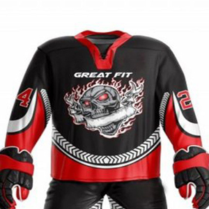Men's Hockey Uniform Set Black <b>Red</b> Skull Design Heat-Transfer Printing Breathable 100% Polyester Adult Jersey Pants <b>Gloves</b> - Product Image 5