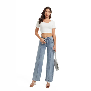 Jean décontracté unisexe à jambe large, coupe droite, délavé moyen, taille mi-haute, en denim tricoté, style streetwear, vente en gros OEM ODM - Product Image 1