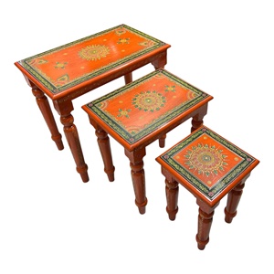 Handmade Durable Multi-Functional Wooden <b>Nesting</b> <b>Tables</b> Set 3 Rectangle Bohemian Style Side Accent <b>Tables</b> Floral Pattern Decor - Product Image 5