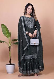 Beautiful Chinon Silk <b>Sequin</b> Frock Style Kurti <b>Flared</b> Sharara Long Embroidered Stole Combo Three Piece Indian Outfit - Product Image 1