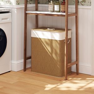 26.4 Gallon Bamboo Laundry <b>Hamper</b> Double <b>Basket</b> with Removable <b>Liner</b> and Brown Rope Handles Includes Lid - Product Image 2