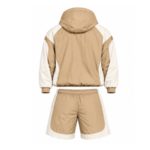 Mens Beige Colorblock Nylon <b>Hoodie</b> Shorts Set Quarter Zip Lightweight Outdoor <b>Running</b> Fitness Training Casual Sportswear - Product Image 2