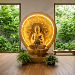 Fontaine d'eau Bouddha haut de gamme avec halo LED rétroéclairé, sur pied, en fibre artisanale, fontaine de méditation intérieure de luxe pour la maison et le temple - Product Image 1