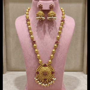 Traditional Matte Pota Stone and <b>Pearl</b> Temple Long <b>Necklace</b> <b>Set</b> - Product Image 3
