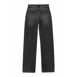 Jean en denim taille haute à lacets coupe droite pour femme, noir délavé, style vintage, hiver, tissé uni, vente en gros - Product Image 2