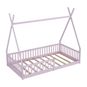 Twin Size Pink Wood House Bed with Fence for Kids - Product Image 3