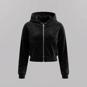 Reddito Sports Black Knitted Hooded Zip-Up Crop Hoodie Regular Sleeves Solid Eco-Friendly Waterproof Casual Women's Autumn Wear - Product Image 1