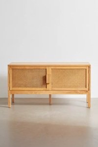 Mueble de TV Moderno de Madera Maciza y Ratán con 2 Puertas, Mueble de Almacenamiento para Sala de Estar - Product Image 1