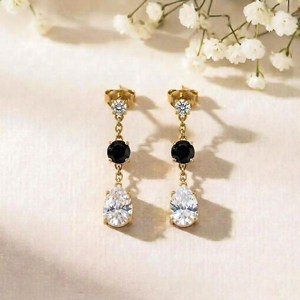Minimalist White Topaz <b>Black</b> Obsidian <b>Earrings</b> Pear Drop CZ Accent Gemstone Dangle <b>Stud</b> <b>Earrings</b> Elegant Fine <b>Stud</b> <b>Earrings</b> - Product Image 2