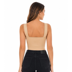 Camiseta de mujer con cuello cuadrado y tirantes anchos y gruesos, top corto de color liso sin mangas, tejido, OEM, personalizado, ajuste ceñido, para verano, venta al por mayor - Product Image 2