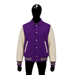 Blouson universitaire premium violet avec manches crème et fermeture boutonnée – Style universitaire en laine de créateur, tendance et branché - Product Image 1