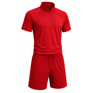 Men's Red Quarter-<b>Zip</b> Short Sleeve Top With Drawstring Shorts Set Solid Color Sporty Style Quick Dry Knitted Polyester Summer - Product Image 5