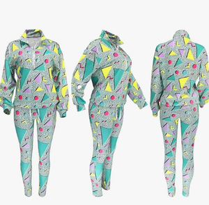Ensemble de survêtement 2 pièces pour femmes, imprimé géométrique Y2K, manches longues, à capuche, en polyester tricoté, vêtements de sport, coupe ample, toutes saisons - Product Image 2