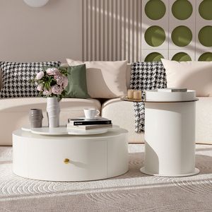 Set di 2 Tavolini da Caffè Moderni con Piano Girevole a 360 Gradi a Forma di Fiore, 2 Cassetti, Tavolino Laterale Circolare e Tavolino d'Appoggio - Product Image 2