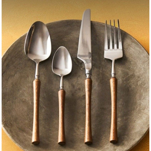 ชุดช้อนส้อมมีดสแตนเลสสตีลสีทองขัดเงาพร้อมด้ามไม้หรูหรา ลดราคา - Product Image 4