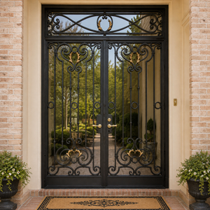 Portes en fer forgé modernes, portes d'entrée extérieures personnalisées à double battant avec verre, portes de sécurité de luxe pour villas et maisons résidentielles - Product Image 4