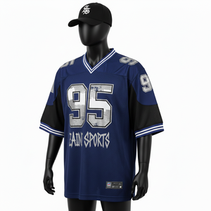 T-shirt 100 % coton pour homme, coupe ample, imprimé, maillot de football en maille épaisse, panneaux d'épaule gris marine, logo personnalisé thermocollé - Product Image 4