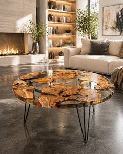 Mesa de Centro de Madera de Olivo Natural con Resina Epoxi, Mesa de Centro Artesanal con Borde Natural, Mueble de Decoración Rústico Moderno de Lujo - Product Image 4