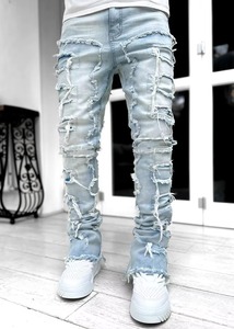 Jeans de Mezclilla Apilados con Logotipo Personalizado, Pantalones Ajustados y Desgastados para Hombre, Estilo Urbano, Fabricante, 100% Algodón Ecológico - Product Image 3