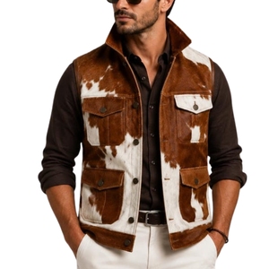 Gilet en cuir de vachette pour homme, gilet utilitaire western en cuir à poils, style ranch imprimé vache - Product Image 1