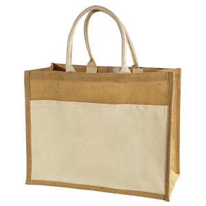 Sac de plage écologique en toile de jute uni avec logo personnalisé et poche extérieure - Product Image 2