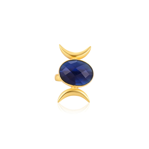 Anillo de Moda con Gema de Latón Azul Tinta para Mujer, Chapado en Oro, Elegante Forma Ovalada, Accesorio de Uso Diario - Product Image 1