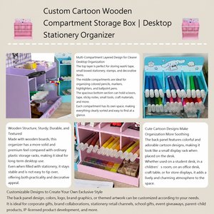 Custom Cartoon Wooden Desk Organizer Compartment Storage <b>Box</b> Stationery Holder for Office Study <b>Vanity</b> Table - Product Image 3