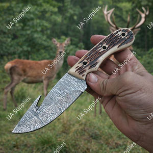 Cuchillo de Camping de Acero de Damasco de 8 Pulgadas con Hoja Fija Tipo Drop Point y Gancho para Pescar, Mango de Cuerno de Ciervo, Venta al por Mayor, Soporte OEM/ODM, MOQs Bajos - Product Image 4