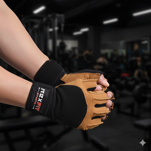 Gants de sport Rexfit à demi-doigts avec fermeture auto-agrippante en maille, noirs et marron, sangle de poignet réglable pour la musculation, unisexe - Product Image 1