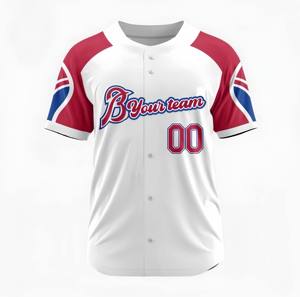 Camiseta de Béisbol Personalizada con Sublimación, Poliéster, Cuello Blanco y Azul, Números en Degradado Rojo, Manga Corta, Cierre de Botones - Product Image 3
