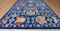 Tapis décoratif bleu marine fait main en laine/soie, noué à la main, motif floral, style transitionnel, 1 pièce, adapté aux animaux domestiques, antidérapant