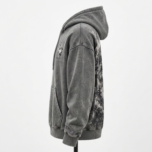 Sweat-shirt à capuche gris délavé pour homme, imprimé graphique lune loup montagne, coupe oversize, streetwear épais ONEAPEX - Product Image 4