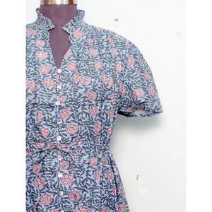 Women's Handmade Floral <b>Print</b> Midi <b>Dress</b> Short Sleeve Stand Collar Button Up High Waist Ruffle A Line Summer <b>Dress</b> - Product Image 5