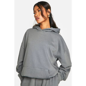 Sudadera con Capucha Extra Grande para Mujer, Color Gris Sólido, Hombros Caídos, Manga Larga, Felpa de Algodón, Ropa de Otoño - Product Image 1